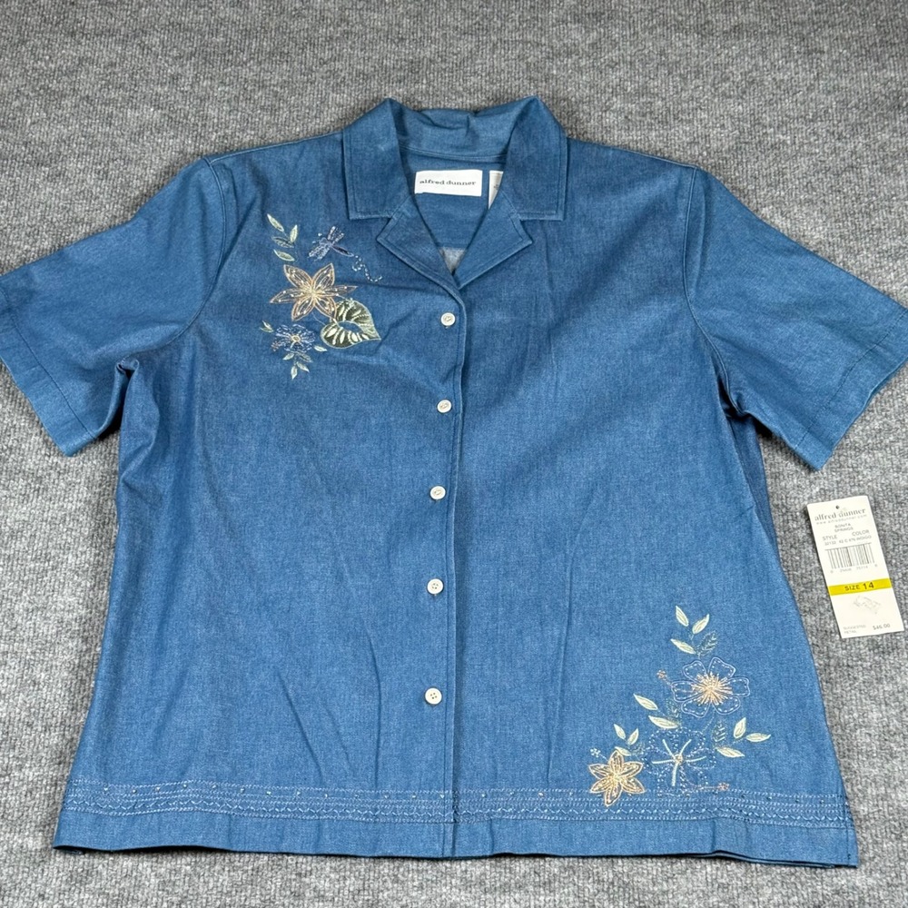 Alfred Dunner Sz 14 Blue Denim Short Sleeve Embroidered Shirt‎ Top Dragonfly NWT